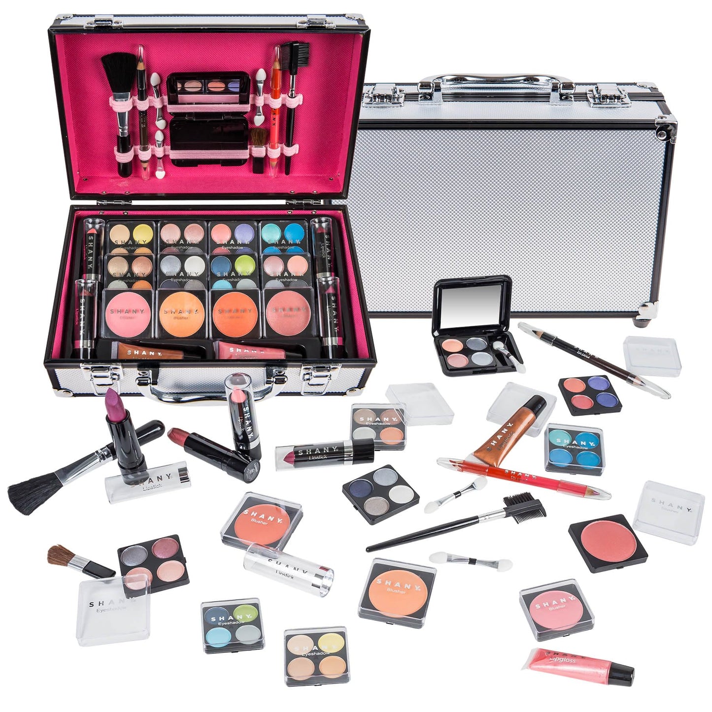 SHANY Carry All Makeup Train Case with Pro Makeup Set Makeup Brushes Lipsticks Eye Shadows Blushes Powders and more - Reusable Makeup Storage Organizer - Premium Gift Packaging - Silver